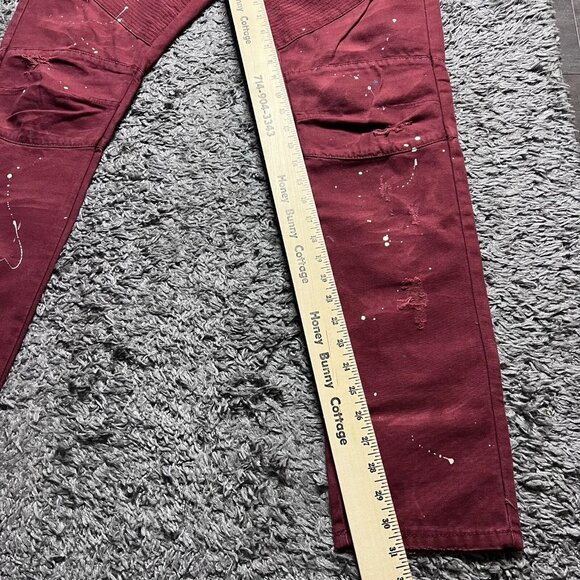 Square Zero Jeans Mens 36x33 Red Denim Distressed Biker Slim Paint Zipper Logo - Picture 16 of 16